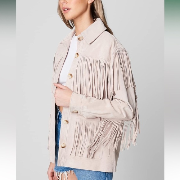 BlankNYC peony fringe 100% leather suede jacket shirt coat button down 2 pockets - Picture 2 of 16